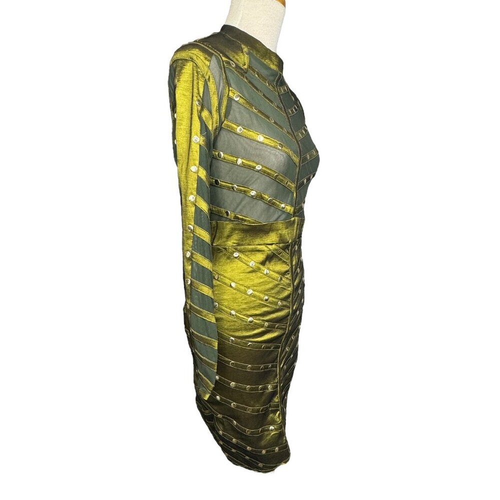 Studded Mesh Bandage Sexy Metallic Green Bodycon Mini Dress - Picture 3 of 10